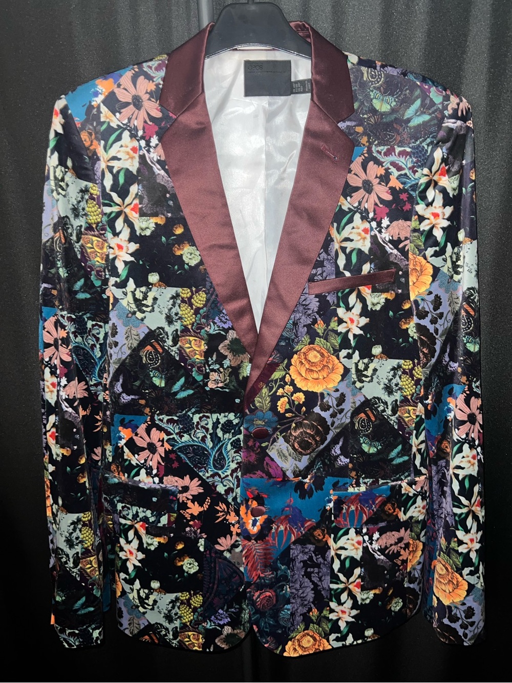 ASOS Multicolor Floral Patchwork Velvet Blazer with Burgundy Satin Lapel